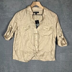 INC International Concepts Womens Blouse S Khaki Linen Twist Hem Button Up NWT‎